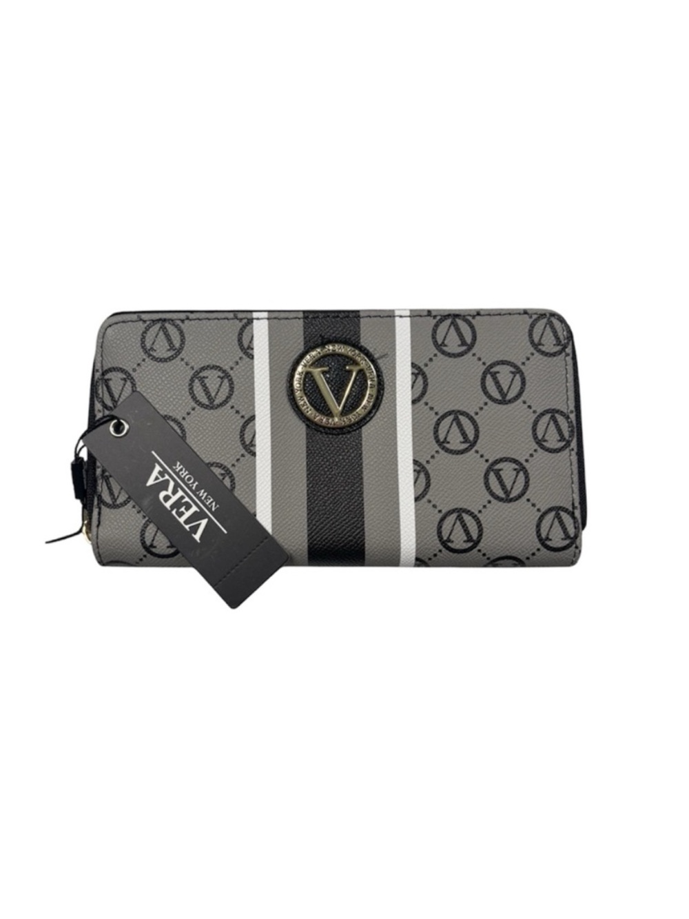 NWT Vera New York Signature Gray Monogram Zip Wallet with Stripe Detail